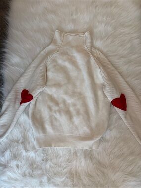 Chicwish Cream Turtleneck Sweater with Red Heart Elbow Patches
